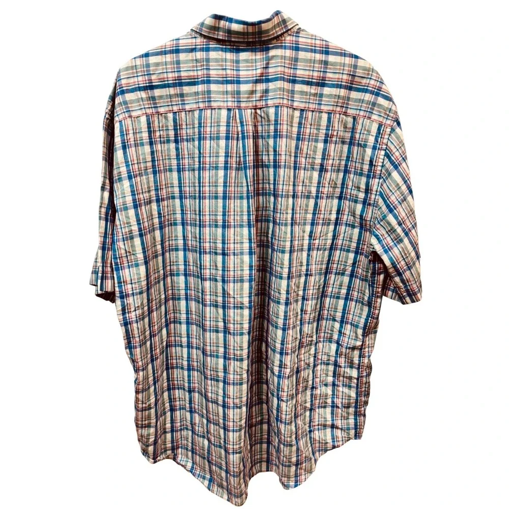 Peter‎ Millar Mens XXL Short Sleeve Button Down Shirt Blue Pink Plaid Cotton